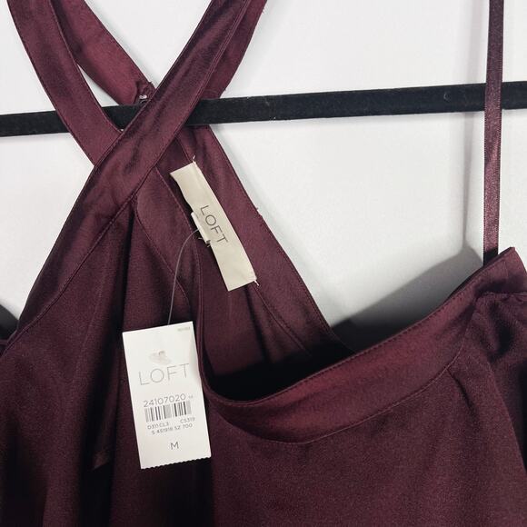 New LOFT M Burgundy Red Ruffle Off The Shoulder Halter Blouse Top Bell Sleeve - Picture 8 of 13